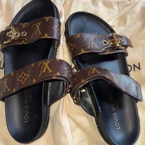 Louis Vuitton Brown Monogram Buckle Slide Sandals with Black Footbed
